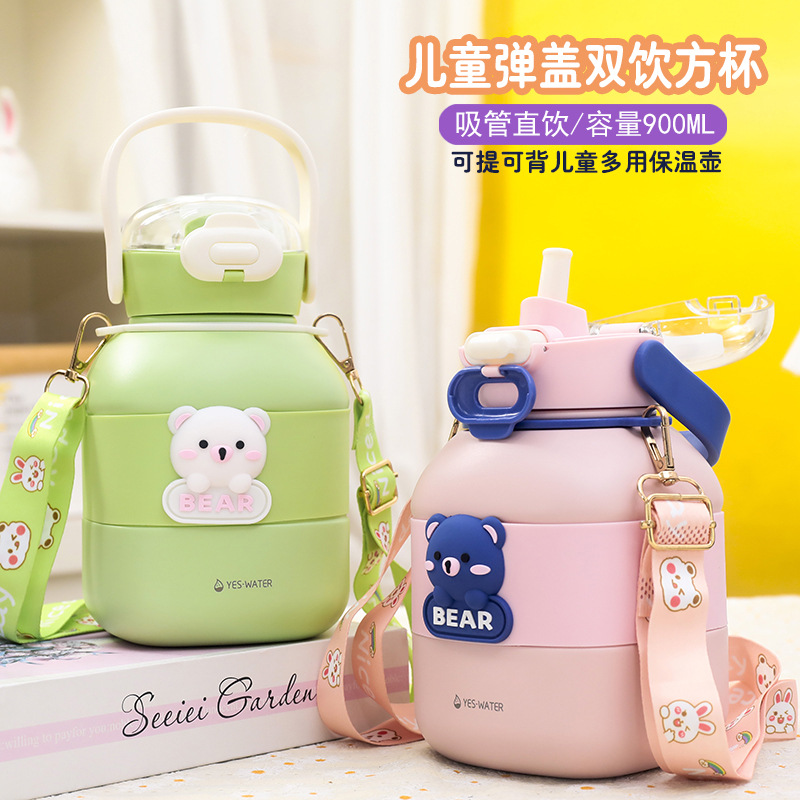 900 Ml Large Capacity 316 Stainless Steel Insulated Kettle with Tea Strainer Straight Drink Cup Cute Straw Insulated Mug