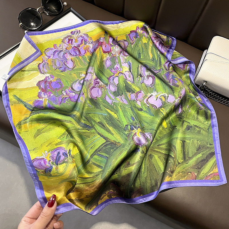 Fresh and Retro Pastoral Spring and Summer Purple Tulip Silk Scarf Women's 53 Square Scarf Neck Scarf Shirt