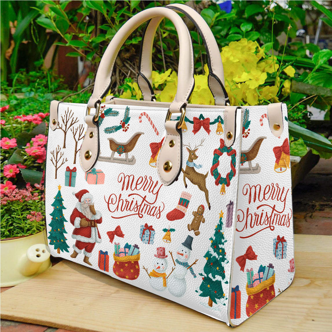 女士手提包皮革包圣诞老人雪人卡通印花图案跨境货源一件来图印制