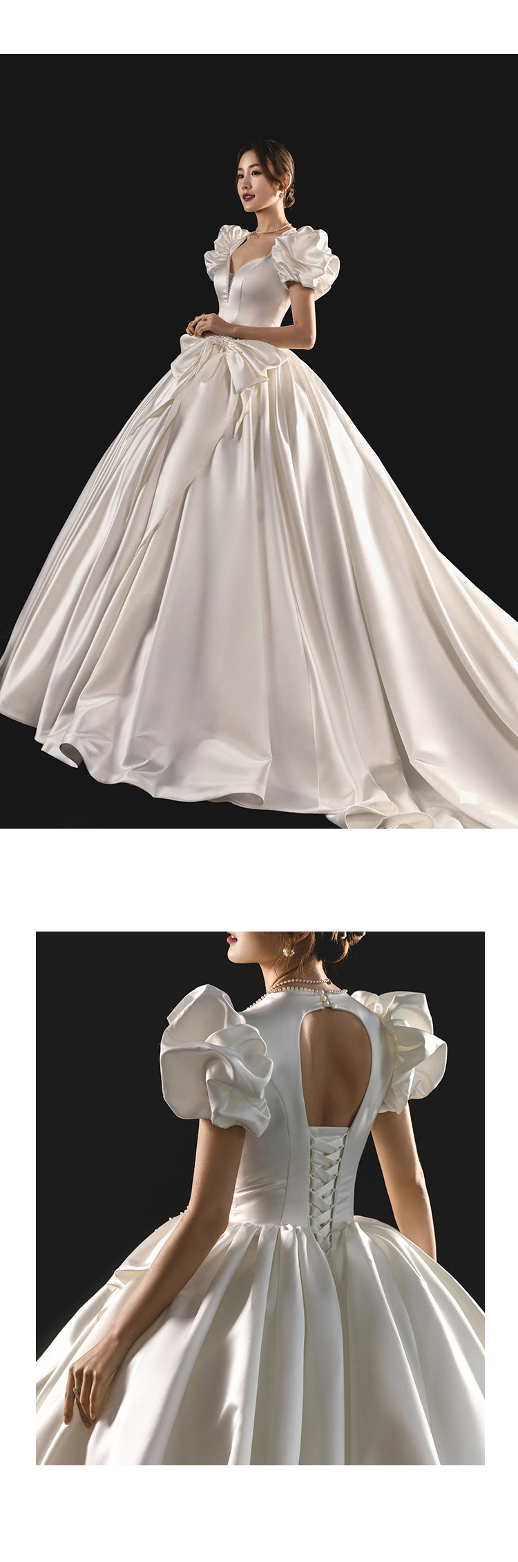 外贸缎面婚纱2022新款欧美新娘气质简约大气质感宫廷风长拖尾春夏