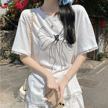 实拍蝴蝶结印花短袖T恤女夏季韩版宽松显瘦休闲设计感半袖上衣