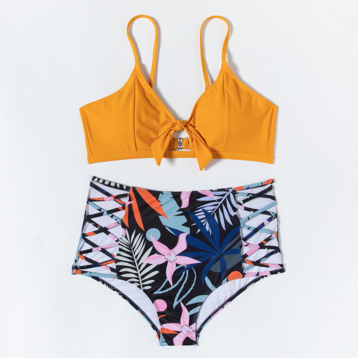 2021新款排绳性感高腰纯色欧美黄色比基尼厂家直销泳装泳衣现货