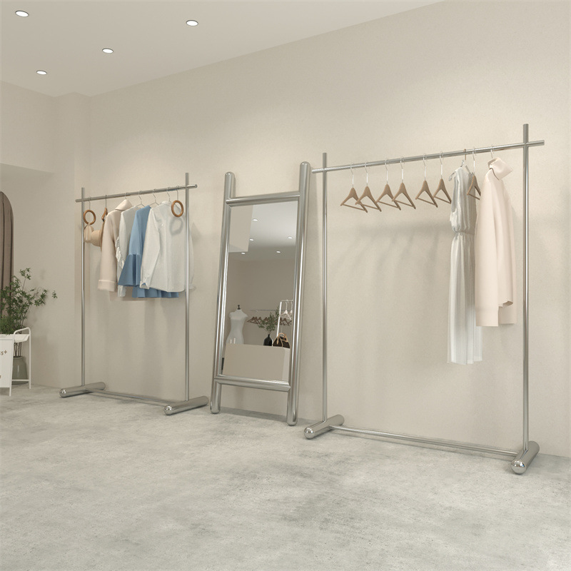 服装店展示架陈列道具不锈钢移动落地式中岛挂衣架男女童装店货架