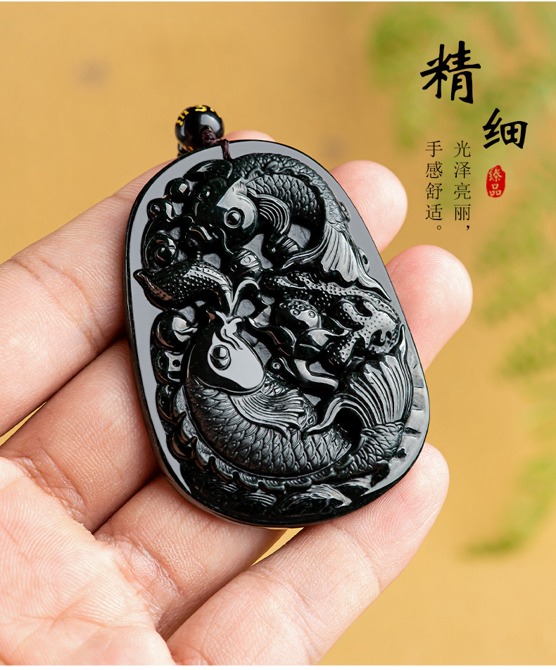 天然墨翠a货翡翠鱼莲莲有鱼冰种玉石吊坠挂件玉佩男女款玉器批发