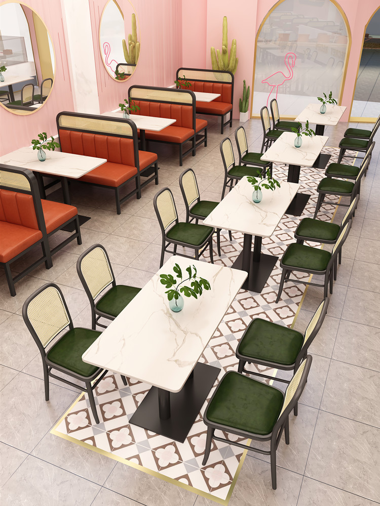 港式茶餐厅编藤椅铁艺卡座沙发奶茶店咖啡厅网红岩板桌椅组合