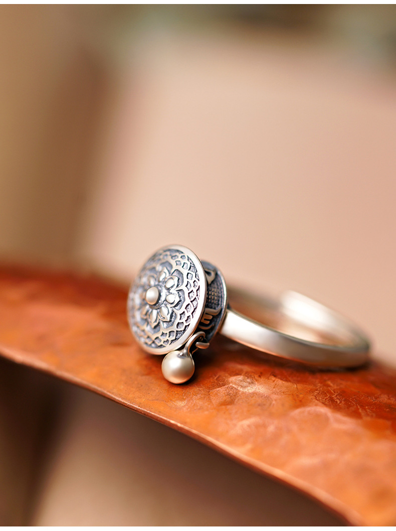 转经轮戒指女镀银转运六字真言转经筒食中指指环开口小众设计