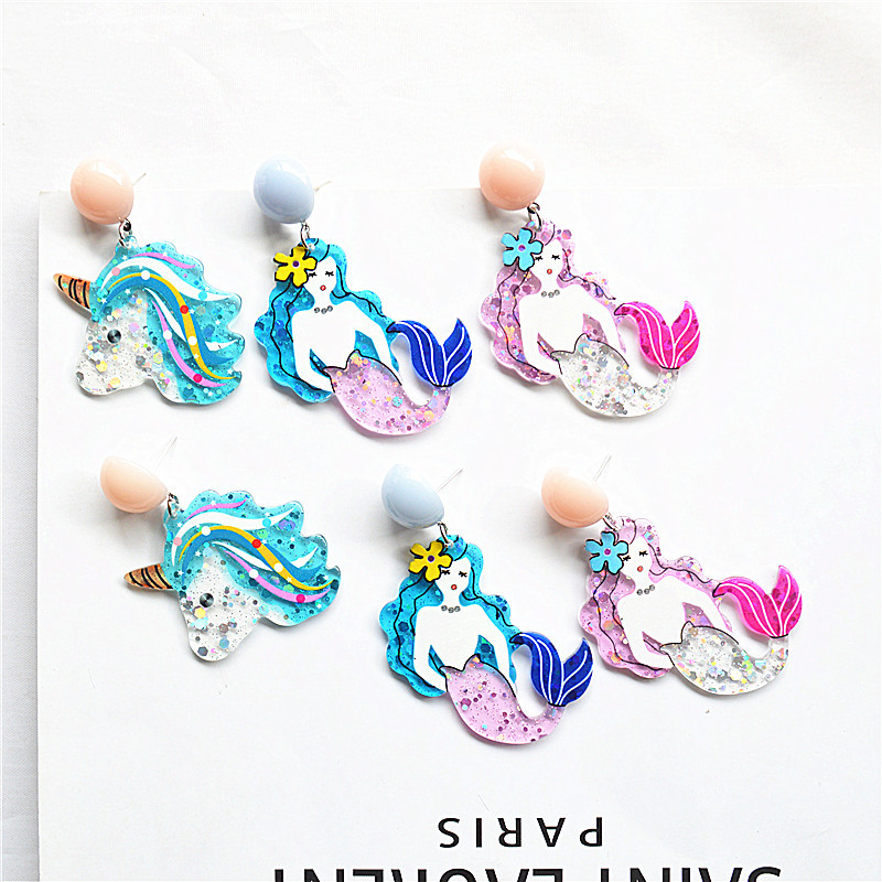 europe and america cross border cartoon children‘s earrings sweet style popular acrylic glitter mermaid unicorn fashion earrings