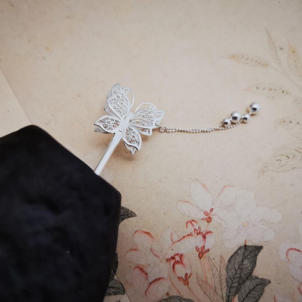 盘发纯簪子足银999蝴蝶发簪古代古风发饰及笄礼衩步摇汉服女银饰