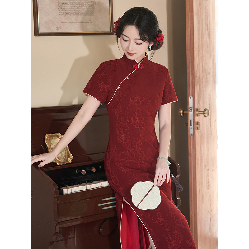 新中式针织提花红色旗袍新娘敬酒服女2025新款结婚订婚礼服裙