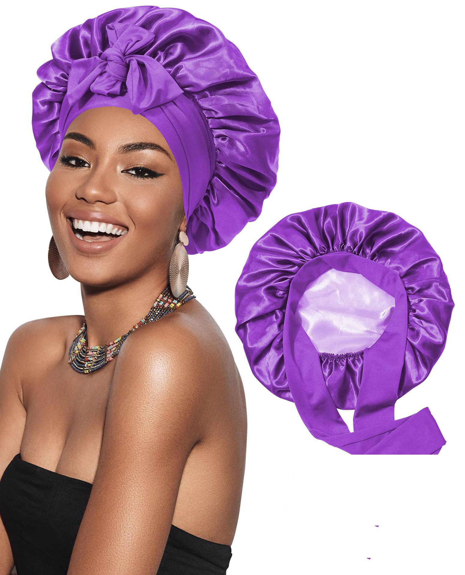 Double-Layer Satin Ribbon round Cap Bow Artificial Silk Beauty Hair Care Wide-Brimmed Hat Female Headscarf Nightcap