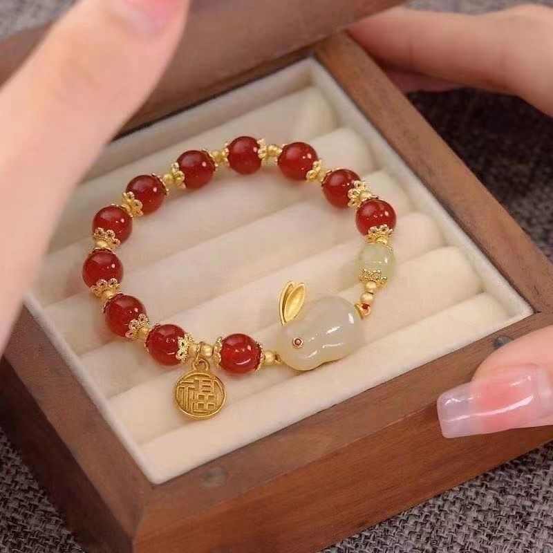 Hetian Jade Rabbit Blessing Card Bracelet Women's INS Special-Interest Design Good-looking Students Bracelet Girlfriends Antique Gift