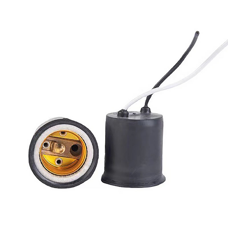 e27灯头 悬吊式黑色橡胶陶瓷内胆防水灯头 外贸螺纹带线灯头灯座