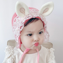 秋冬婴儿帽子可爱宝宝针织帽女兔耳朵毛线帽子公主洋气蕾丝护耳帽