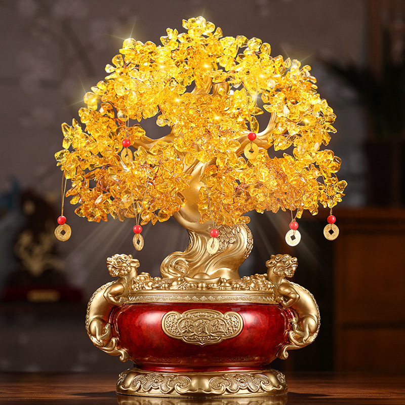 黄水晶发财树招财摆件摇钱树聚宝盆酒柜装饰品乔迁开业礼品-阿里巴巴