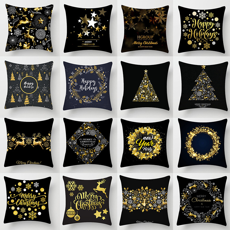 In Stock Wholesale Christmas Black Golden Elk Peach Skin Fabric Pillow Cover Bedroom Sofa Pillow Bed Cushion Cover