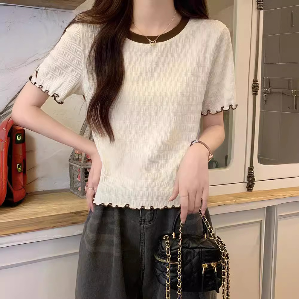 法式雪纺衫木耳边短袖t恤女装夏季2024新款短款正肩圆领上衣-阿里巴巴