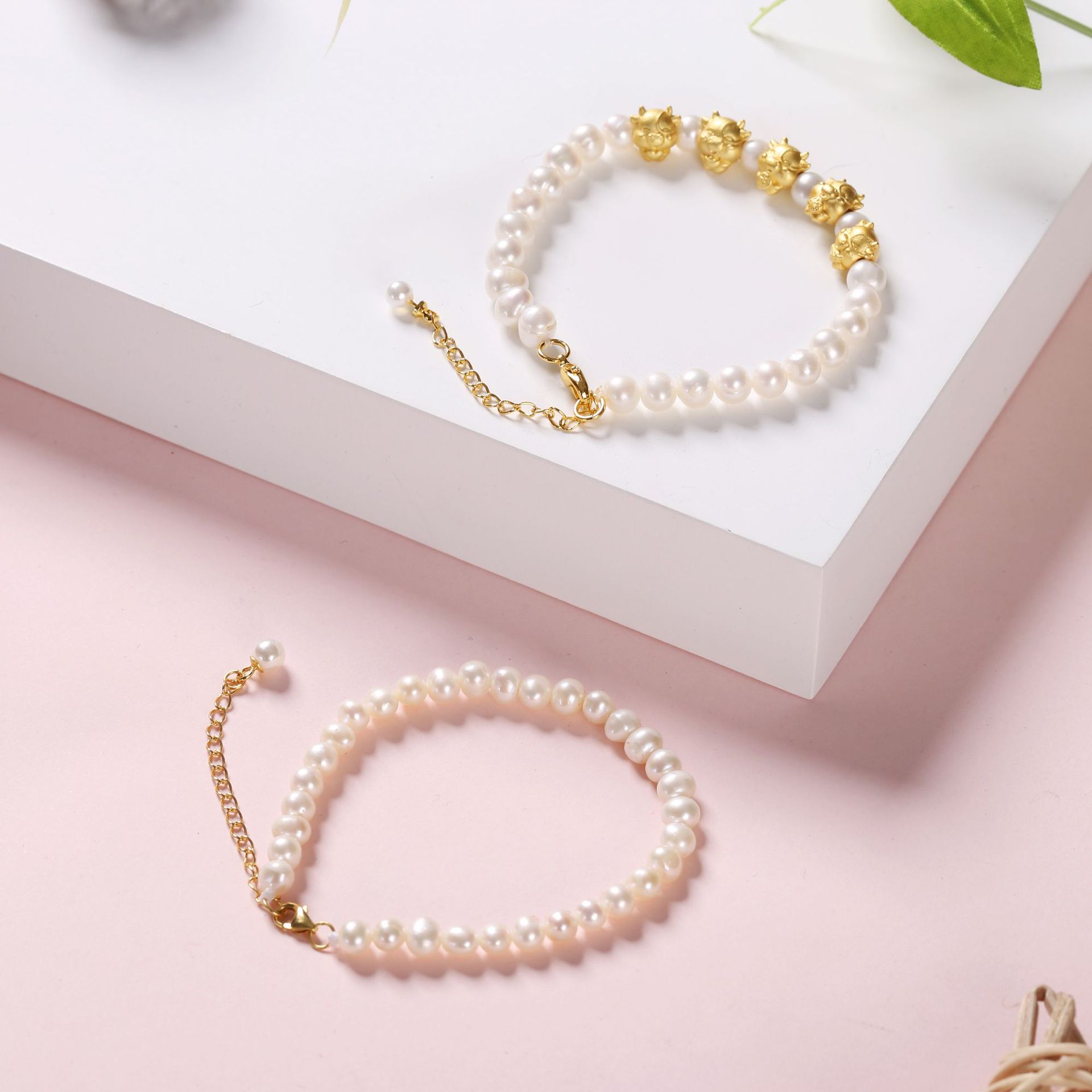 简约古法银镀金珍珠手链女牛年五牛珍珠手串闺蜜情人节本命年礼物