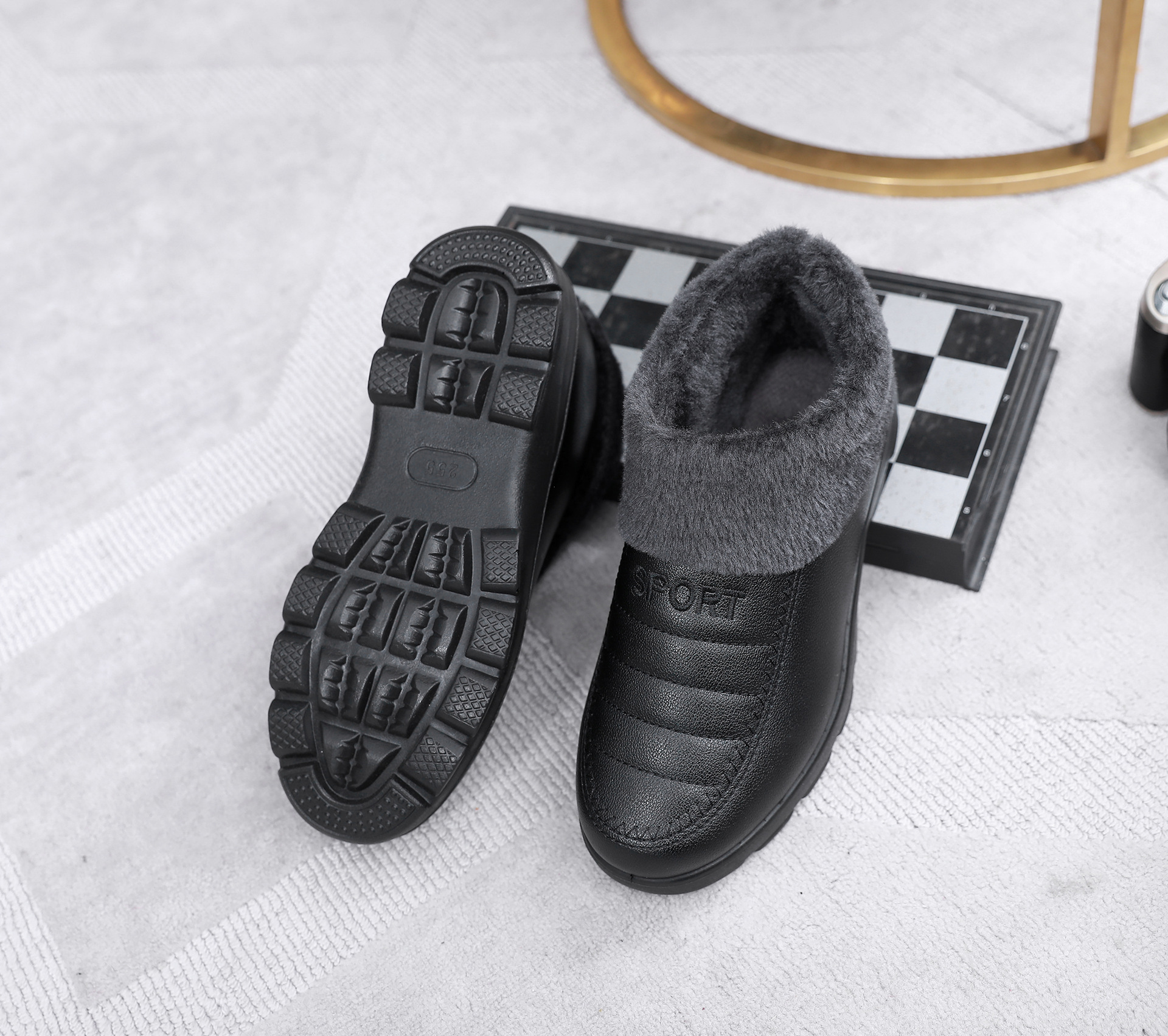 棉拖鞋男冬防水pu皮面防滑轻便厚底居家棉鞋男中老年人爸爸保暖鞋