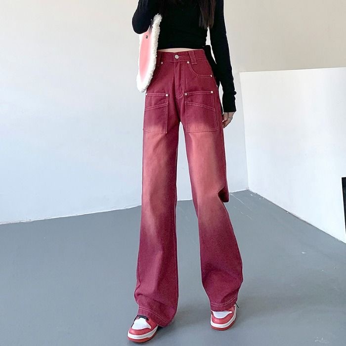 American Retro Red Jeans Women's Straight Loose Ins Fashion Design Hot Girl High Waist Slim-Fit Wide-Leg Pants