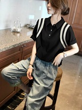 Polo领黑色短袖T恤女小众休闲洋气显瘦时尚2023夏装新款欧货