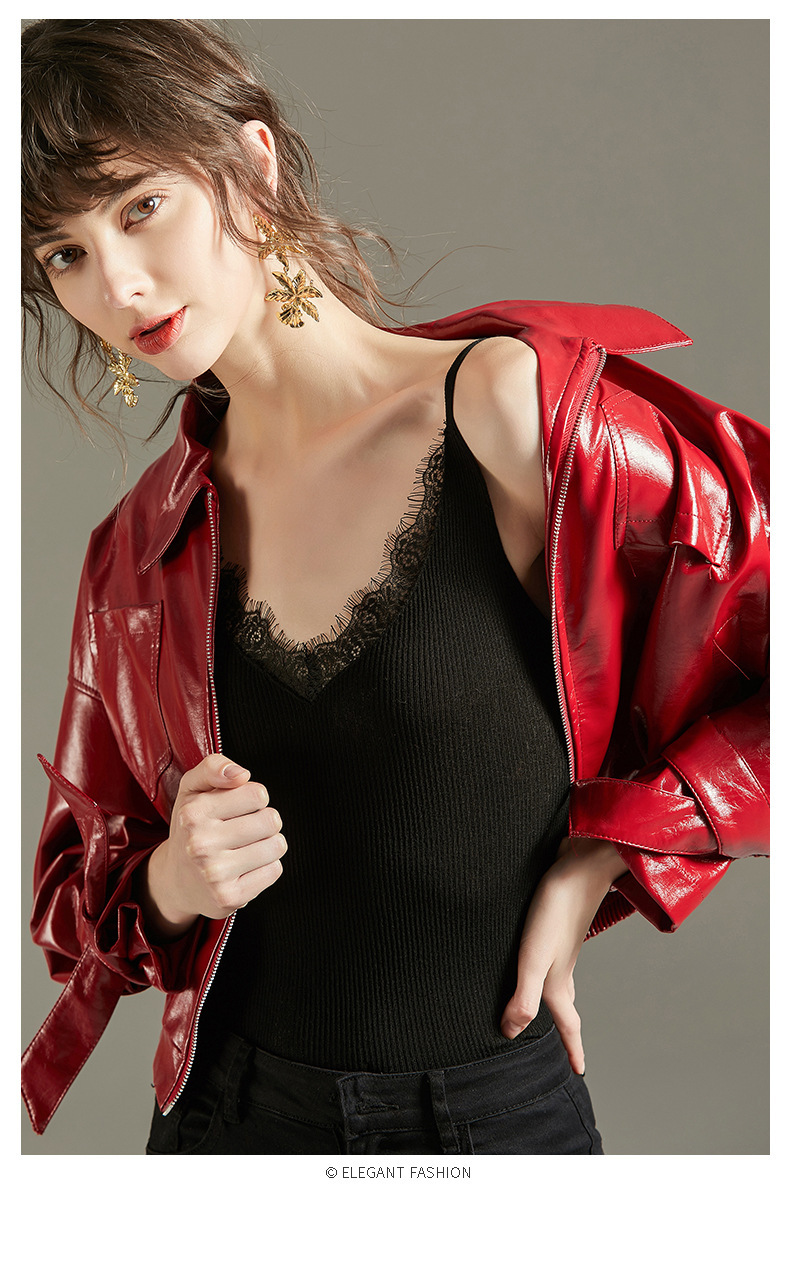 外贸高级漆皮皮衣女短款小外套复古亮色气质枣红色酷帅机车皮夹克