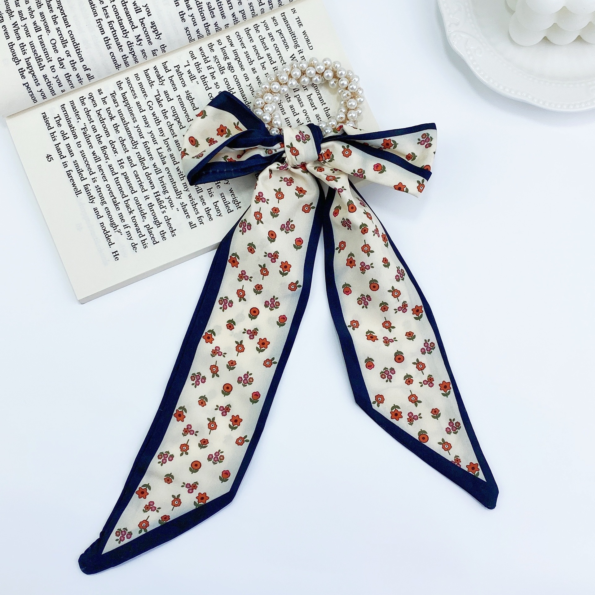 炫朵珍珠碎花蝴蝶结长飘带头绳波点丝巾发带气质皮筋发圈