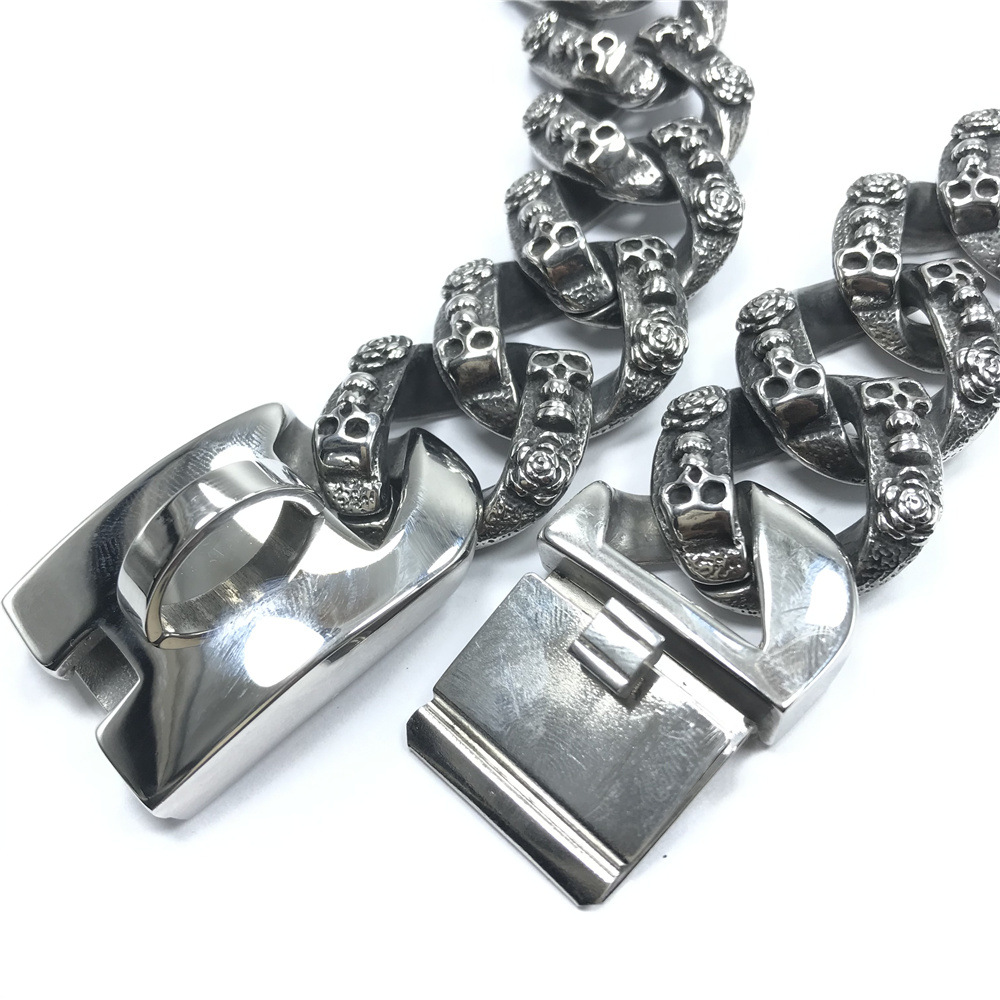 32mm不锈钢狗链项圈可调节脖圈 超宽骷髅犬金属恶霸斗牛狗圈头