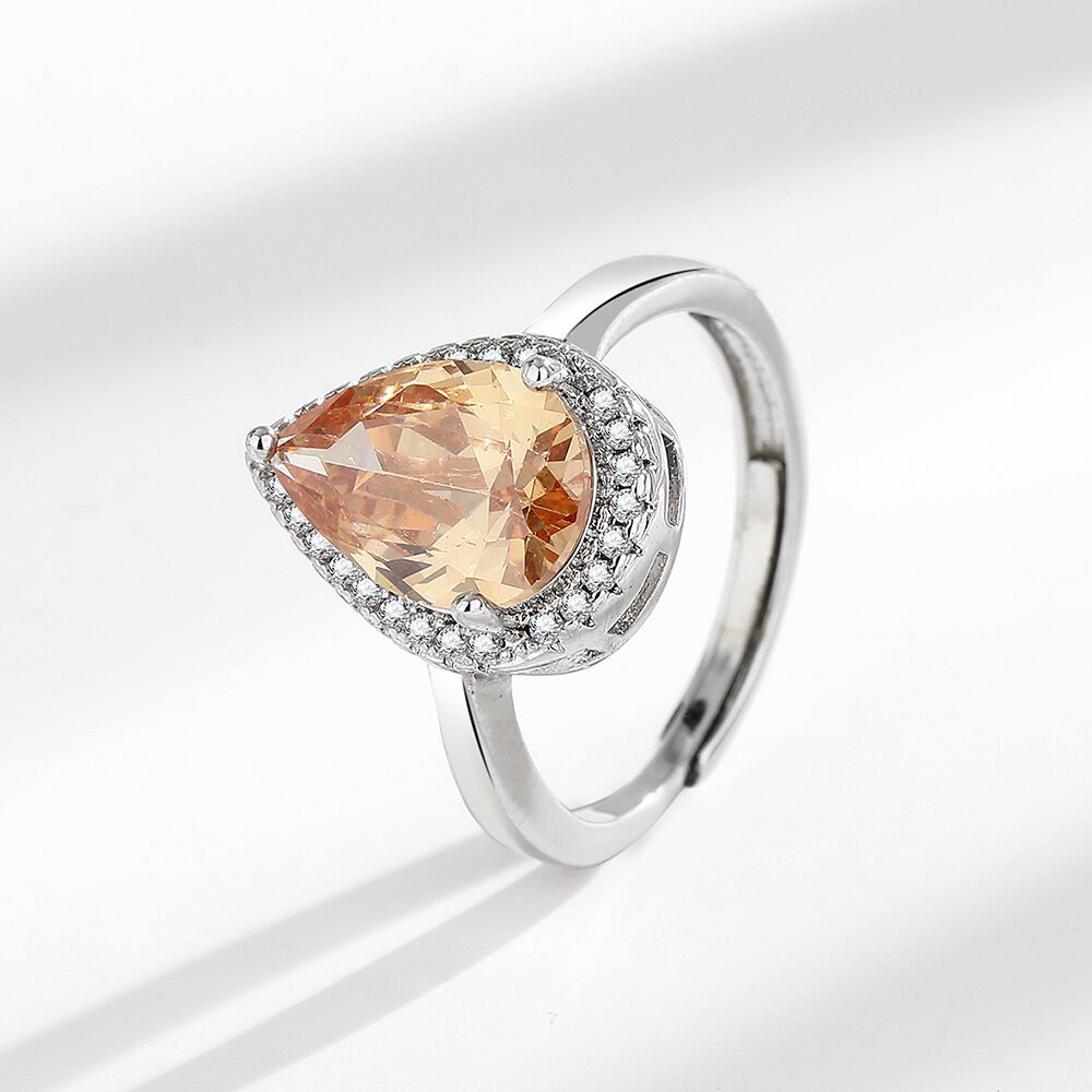 网红直播热销韩版时尚彩宝橘红色水滴形锆石戒指女食指戒个性指环