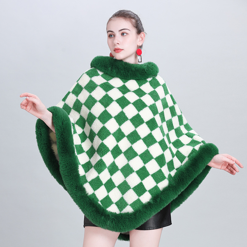 EU and South Korea Autumn and Winter New Cloak Shawl Thickened Plaid Fur Collar round Neck Pullover Shawl Cape Coat 0986#