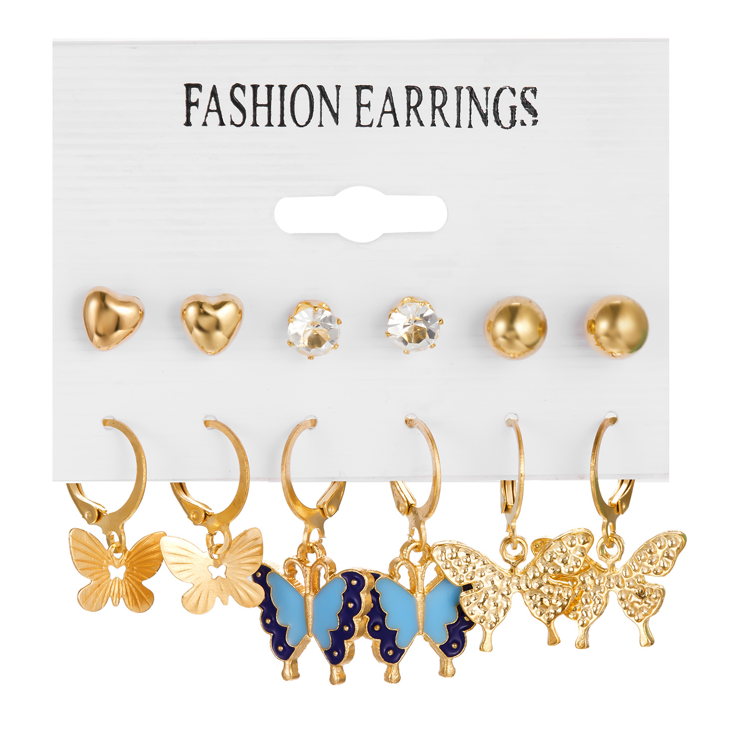 Cross-Border Hot Selling European and American Retro Geometric Pearl Earrings Dripping Oil Hollow Butterfly Heart Shape Diamond Combination Earrings