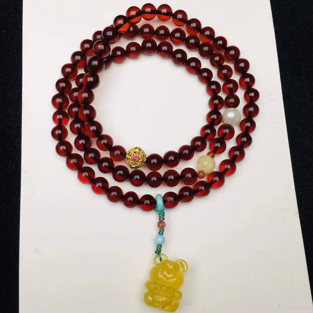天然琥珀血珀多圈手链酒红色搭配蜜蜡熊女款手串可塘珠宝一件代发