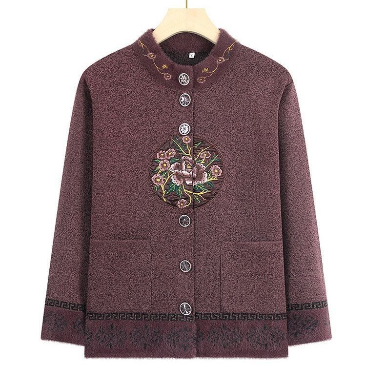 Old Lady Spring and Autumn Knitted Cardigan Coat Old Lady Autumn Women's Blouse Mother Grandma's Clothes Tang Suit Old Man Clothes