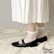 现货春中筒薄女丝袜时尚复古花卉时装款成人袜黑白蓝KSOX韩国袜子