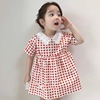 Grasshopper brother 2021 summer new pattern girl Short sleeved Lapel princess puff sleeve Western style Plaid skirt