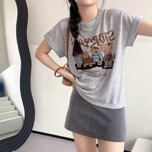 14针竹节麻印花上衣短袖针织衫女装卡通小熊圆领夏季新款薄款韩系