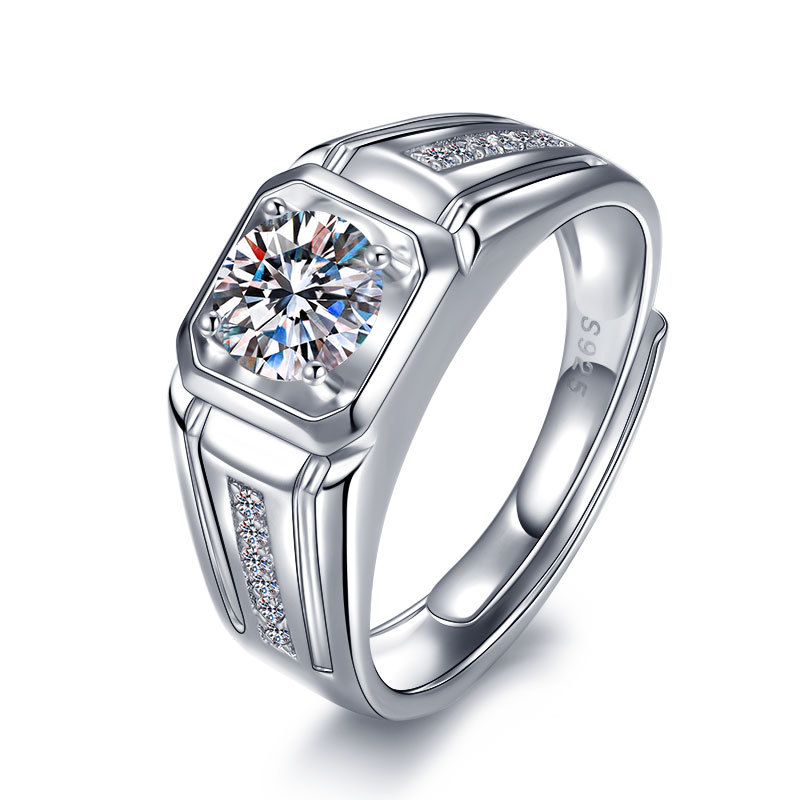 日韩s925双排凹面男戒一克拉优选时尚轻奢男士钻戒镀白金小众设计