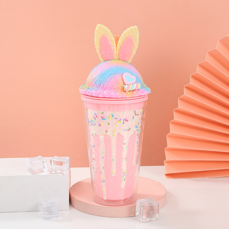 Unicorn Cream Ice Cup Ins Girl Heart Plastic Water Cup Double-Layer Cup with Straw Birthday Gift Cup