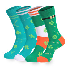 跨境袜子亚马逊新款爱尔兰节绿色四叶长筒袜圣帕特里克节派对男袜