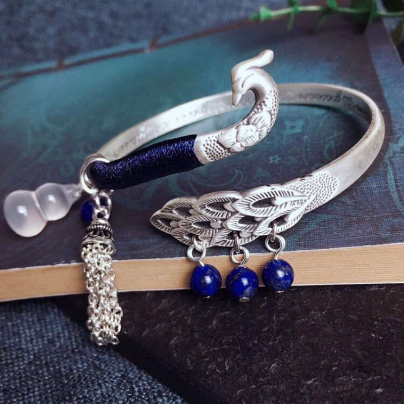 s999纯银手镯女中国风手工创意编织流苏开口 复古孔雀 足银 镯子