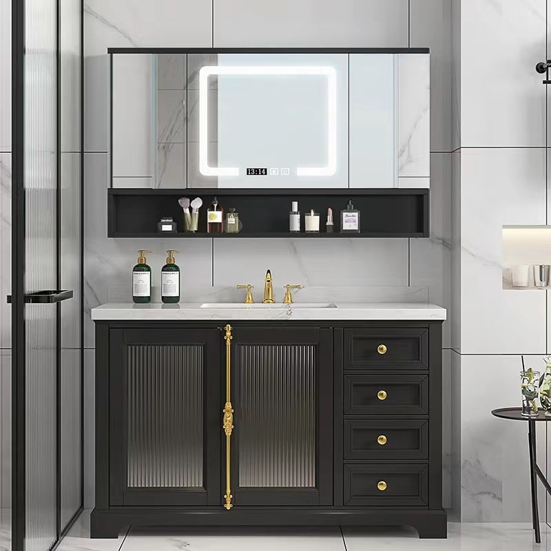 轻奢橡木浴室柜组合天地锁玻璃门落地柜美式岩板台面洗漱台