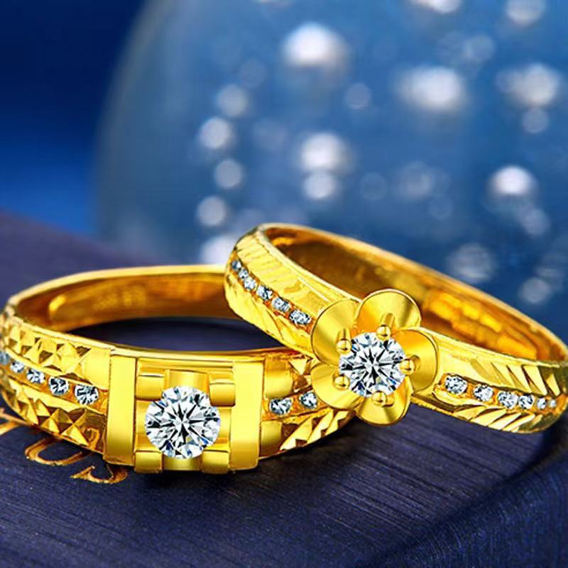 跨境微镶戒指 黄铜镀金情侣款指环 越南沙金仿黄金男女婚庆饰品