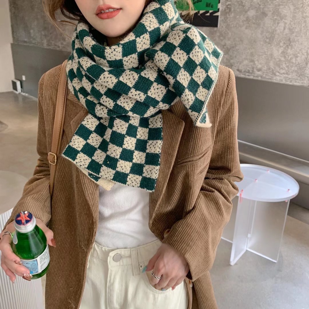 网红同款绿色棋盘格围巾女韩版ins时尚百搭秋冬针织保暖加厚围脖