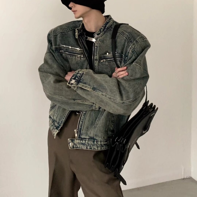 高街hiphop外套男美式复古做旧水洗短款牛仔外套男春秋设计感夹克