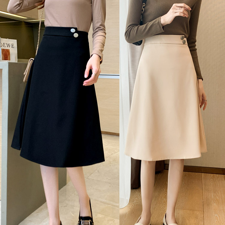 实拍2022春季新款韩版中长款a字裙子简约裙子高腰遮跨显瘦半身裙