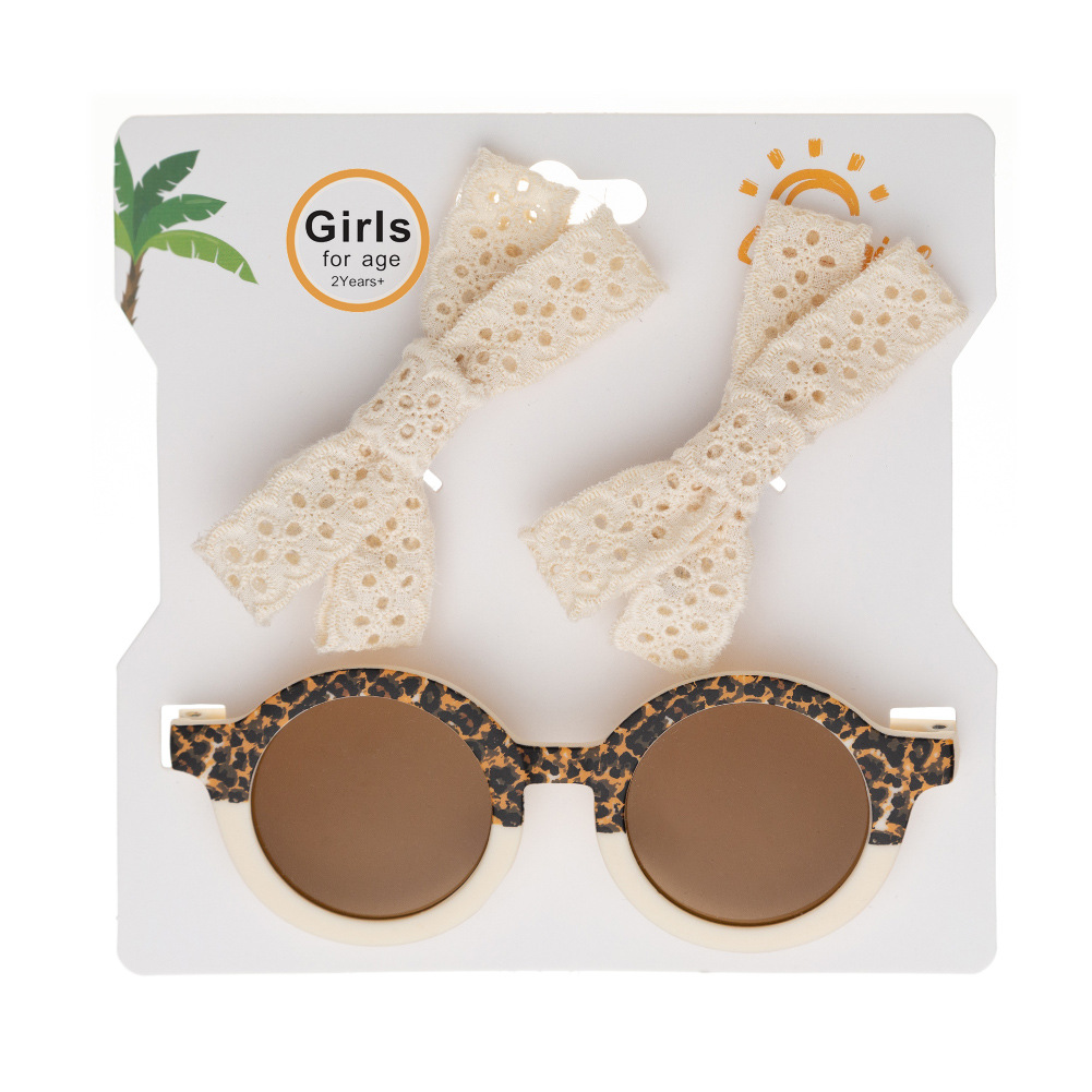 New European and American Children's Sunglasses Hair Accessories Set Fresh Lace Hairpin Baby Leopard Print Double Matching Sunglasses 3-Piece Set