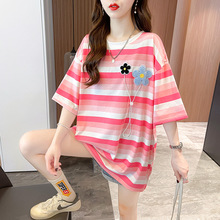 2022夏季新款韩版条纹短袖t恤女圆领刺绣包边上衣中长款学生女装