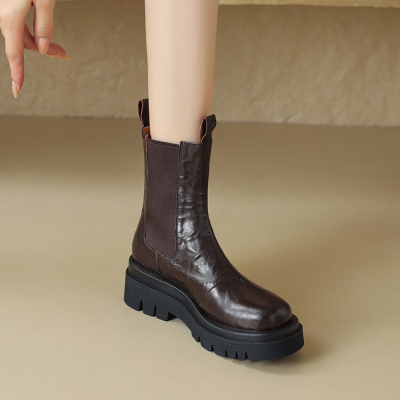 秋冬新款弹力靴羊皮厚底套筒裸靴跨境外贸防滑中跟皮靴百搭烟筒靴
