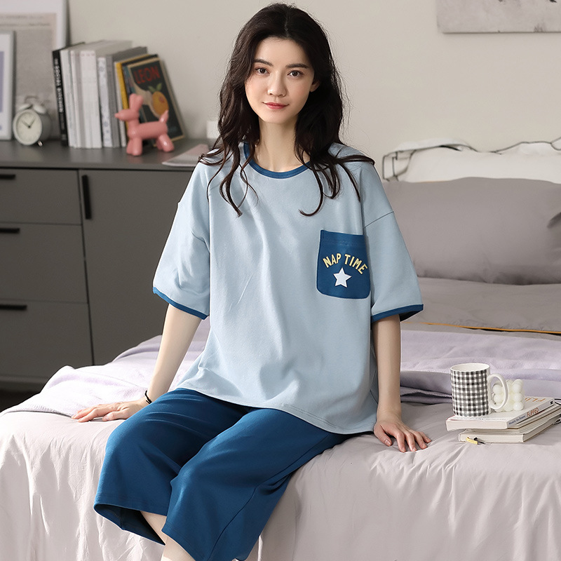 Pajamas Women's Summer Cartoon Cotton Home Wear Women's Summer Women's Loose Large Size Short Sleeve Cropped Pants Pajamas Suit