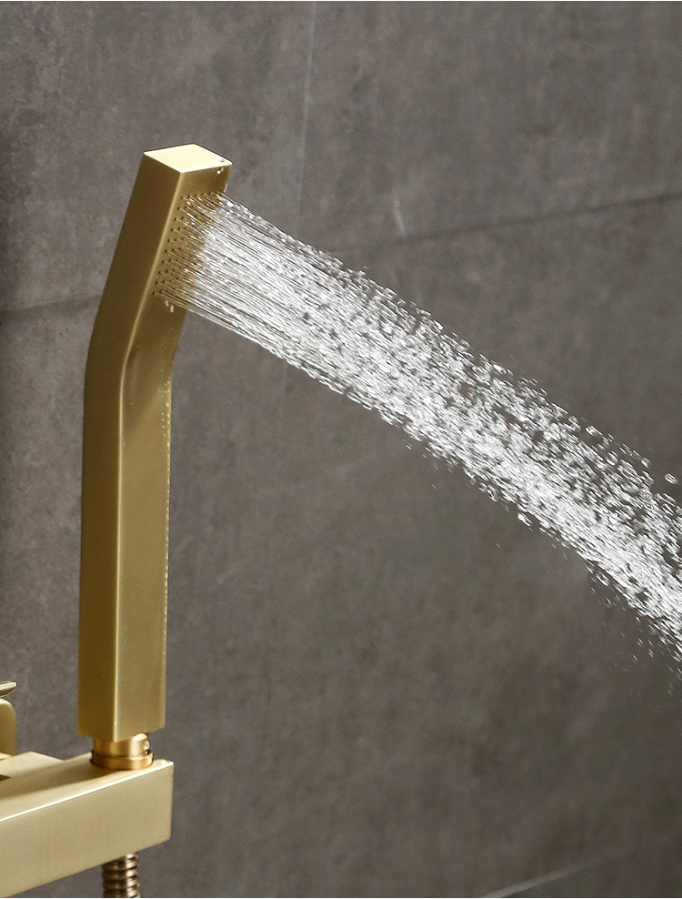 北欧拉丝金全铜浴缸三联冷热水龙头浴室金色黄铜简易淋浴花洒套装