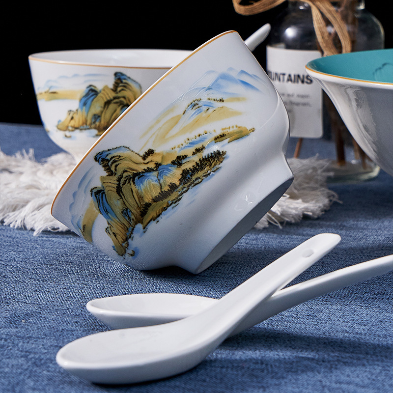 千里江山餐具16件套碗碟套装陶瓷碗盘勺家用国潮文创礼品